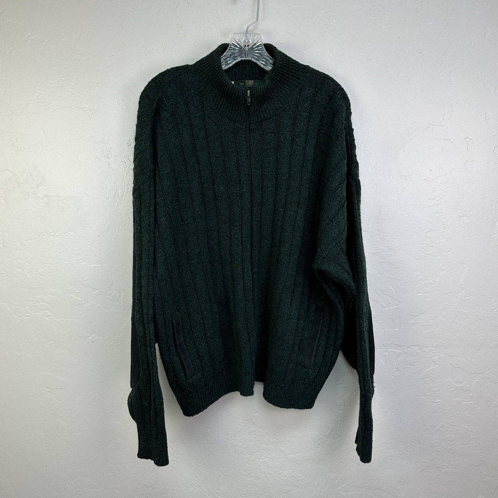 Orvis Sweater Mens Large Green Wool Nylon Full Zip Ribbed Knit Pockets Vintage